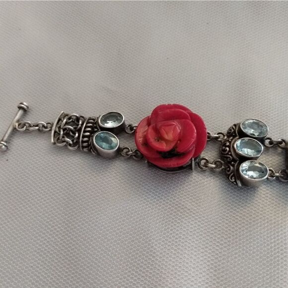 VINTAGE 925 Silver Bracelet with 10 TOPAZ and 3 Red Roses Toggle Closure - Picture 12 of 13